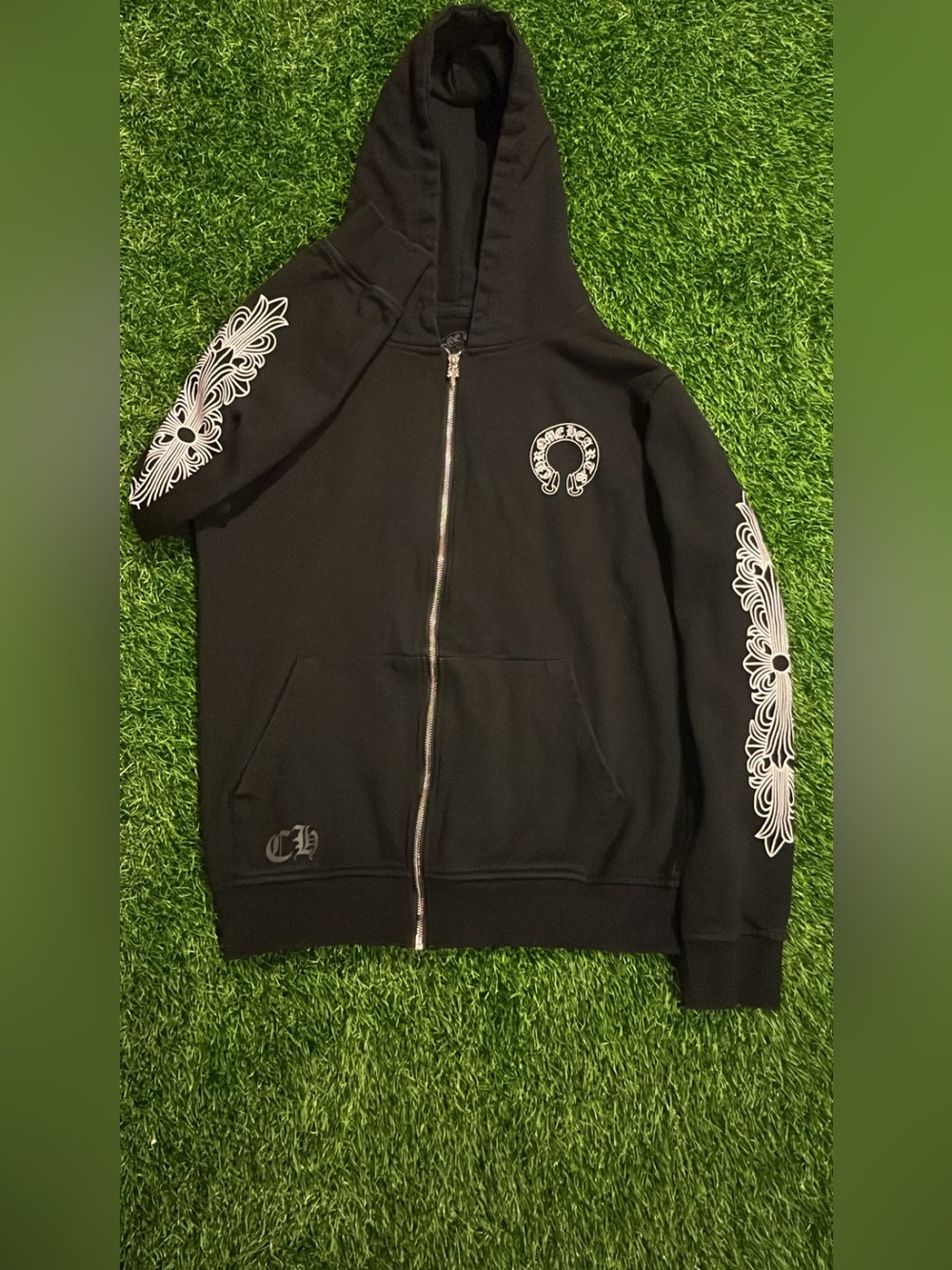 Chrome Hearts Black Zip-Up Hoodie with White Sleeve Graphics